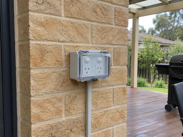 Outdoor double power point on a brick wall beside a covered patio in Toronto